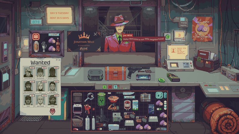 Probably Stolen shop counter with a bounty board of wanted customers